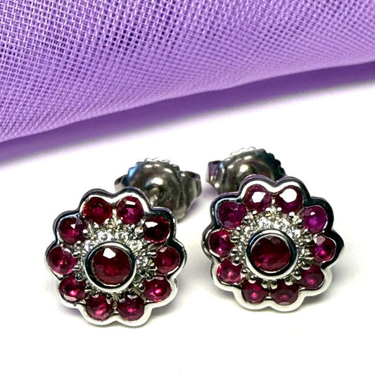 Round real red ruby and diamond earrings sterling silver cluster stud