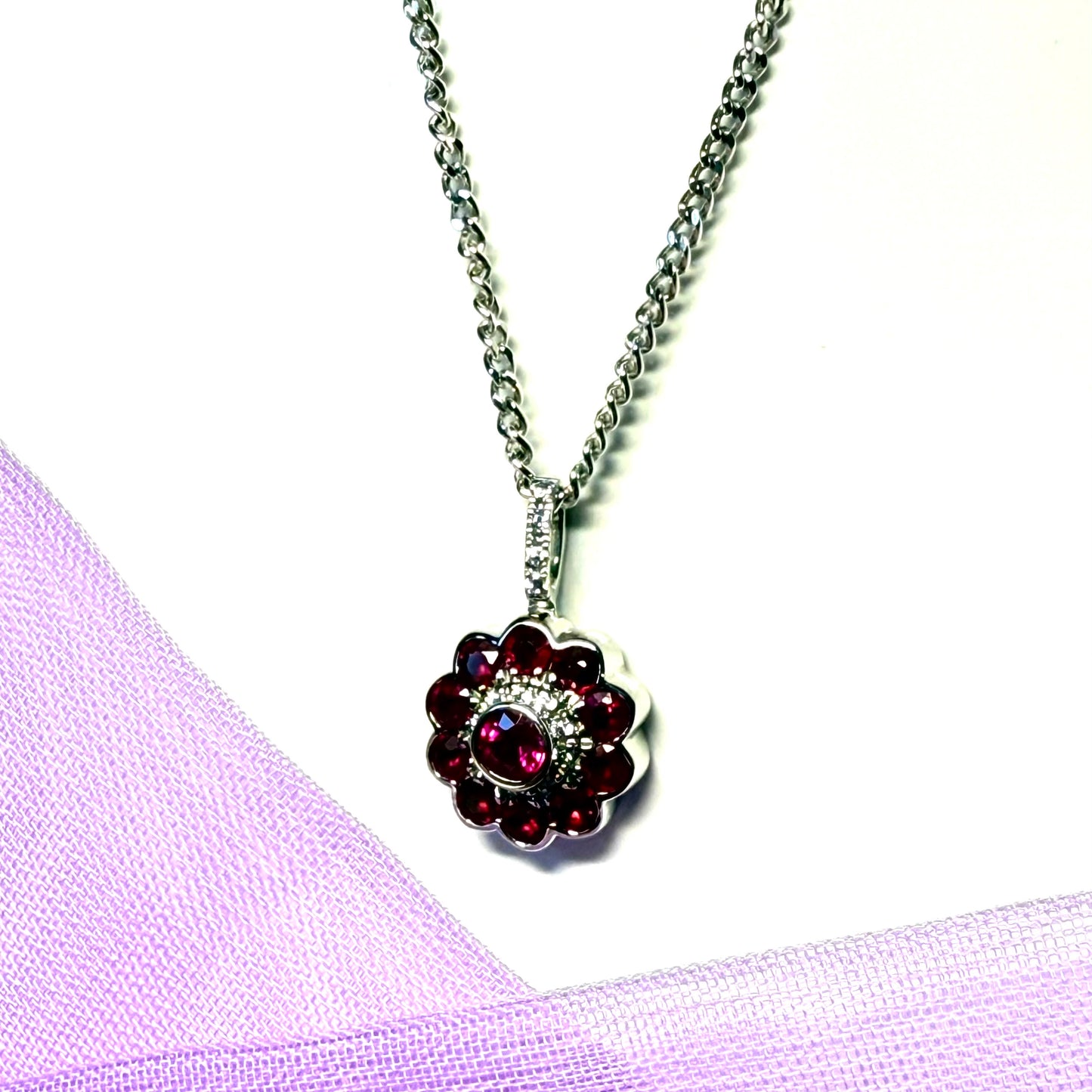 Round real red ruby and diamond necklace sterling silver cluster pendant