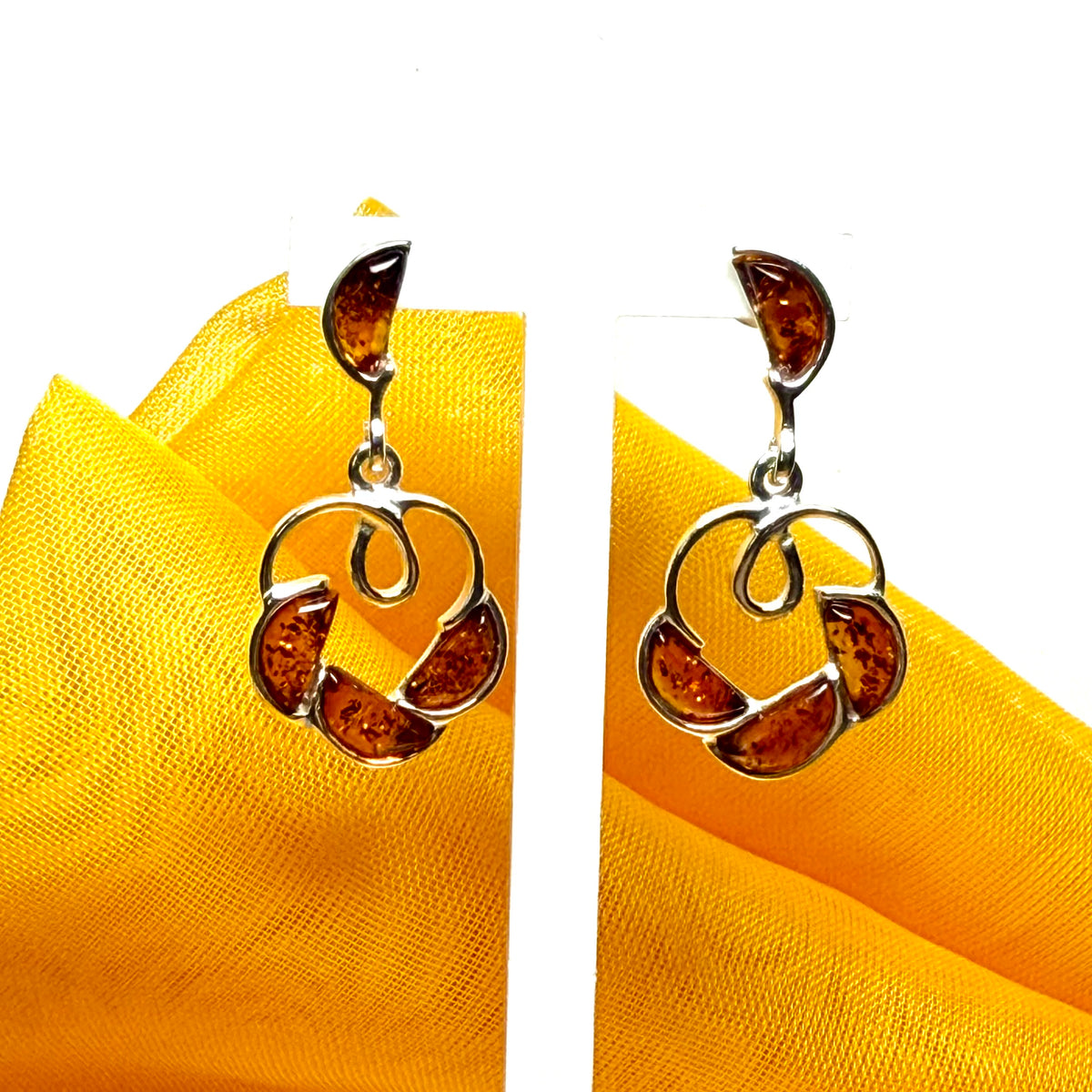 Round shaped real amber drop earrings open made in sterling silver