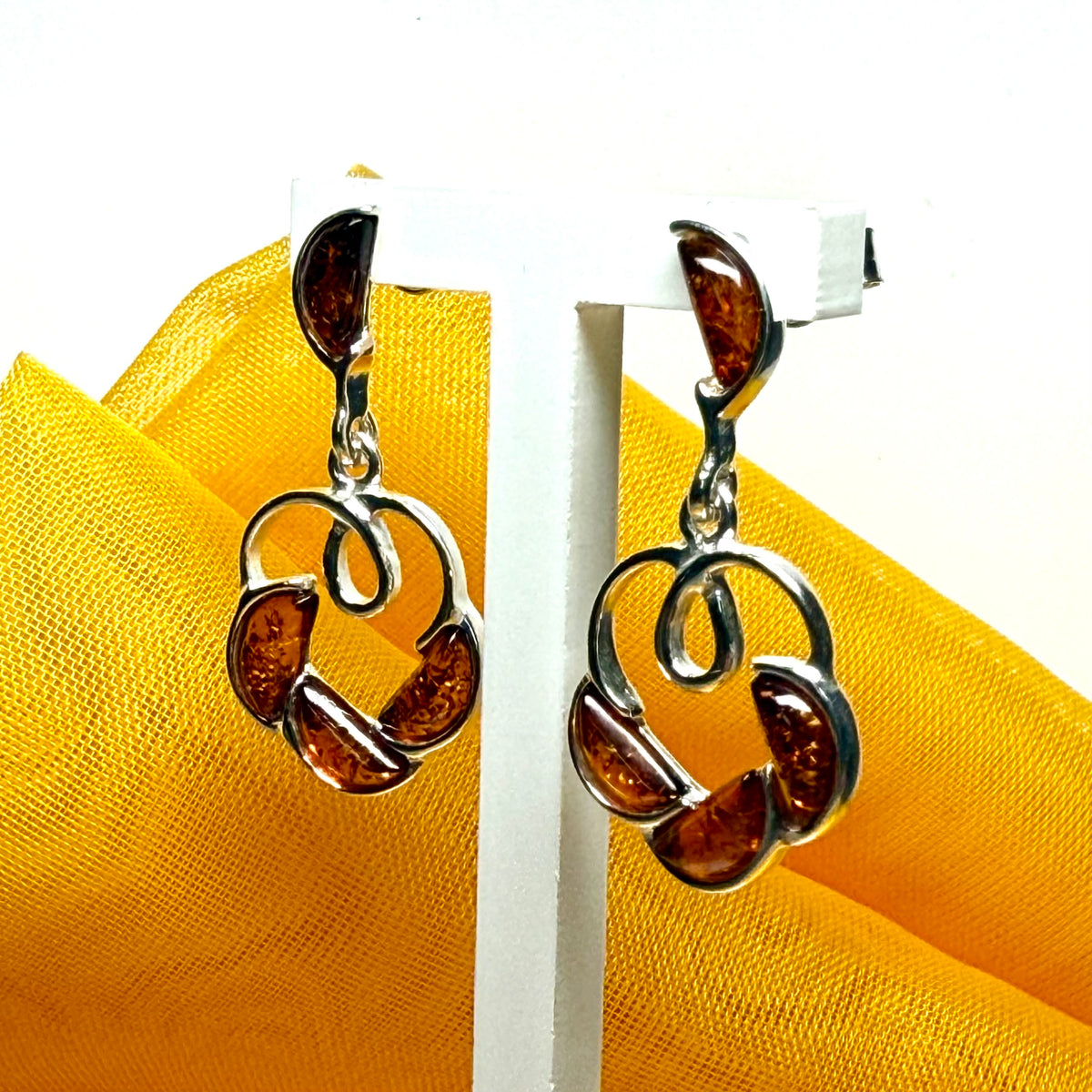 Round shaped real amber drop earrings open made in sterling silver