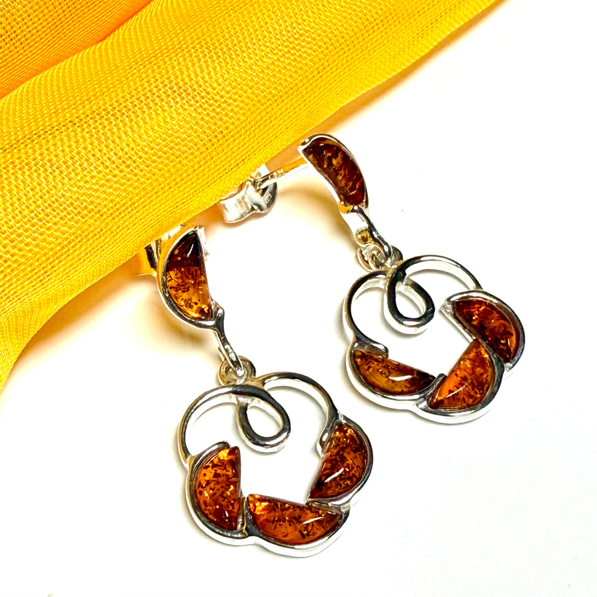 Round shaped real amber drop earrings open made in sterling silver