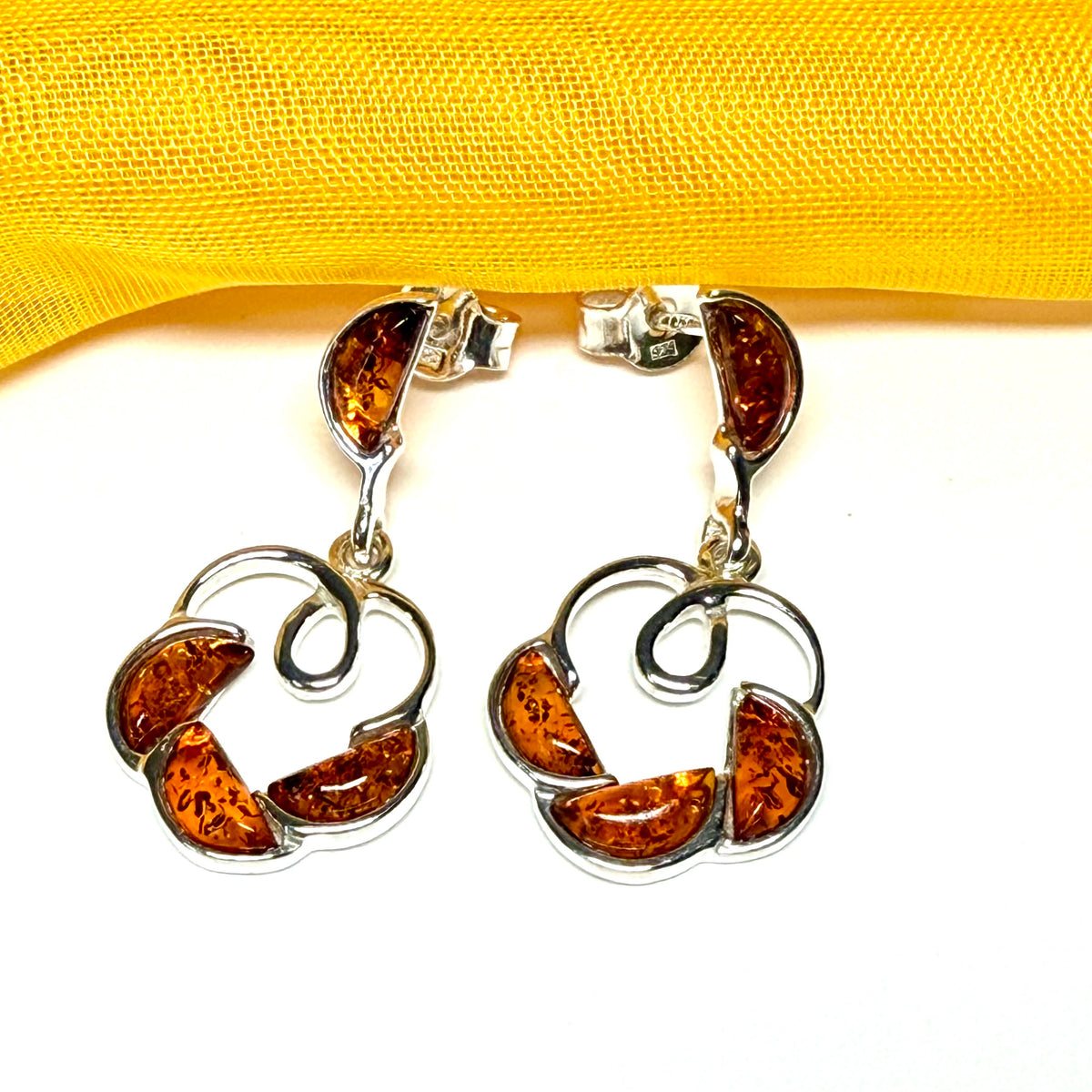 Round shaped real amber drop earrings open made in sterling silver