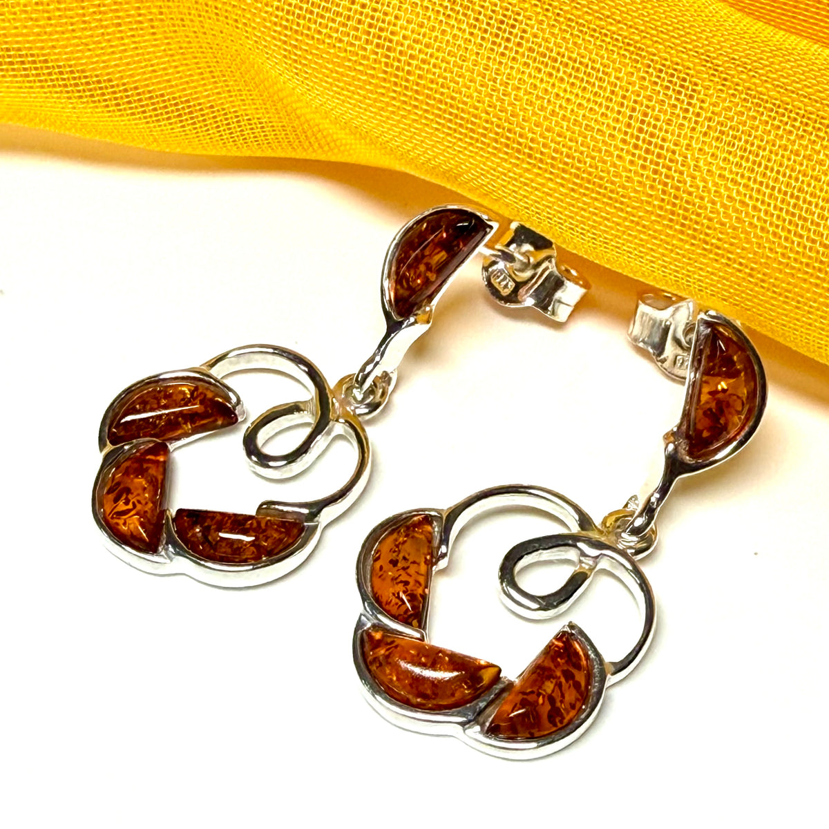 Round shaped real amber drop earrings open made in sterling silver