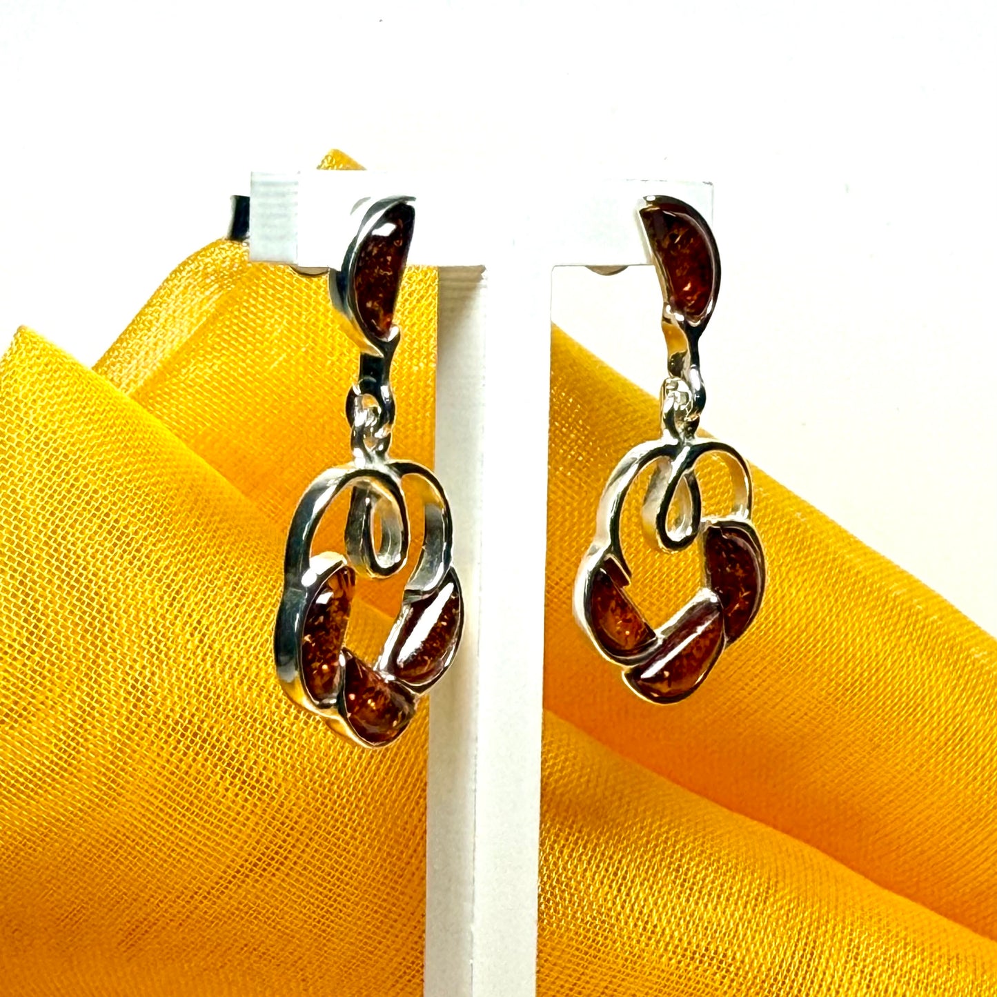Round shaped real amber drop earrings open made in sterling silver