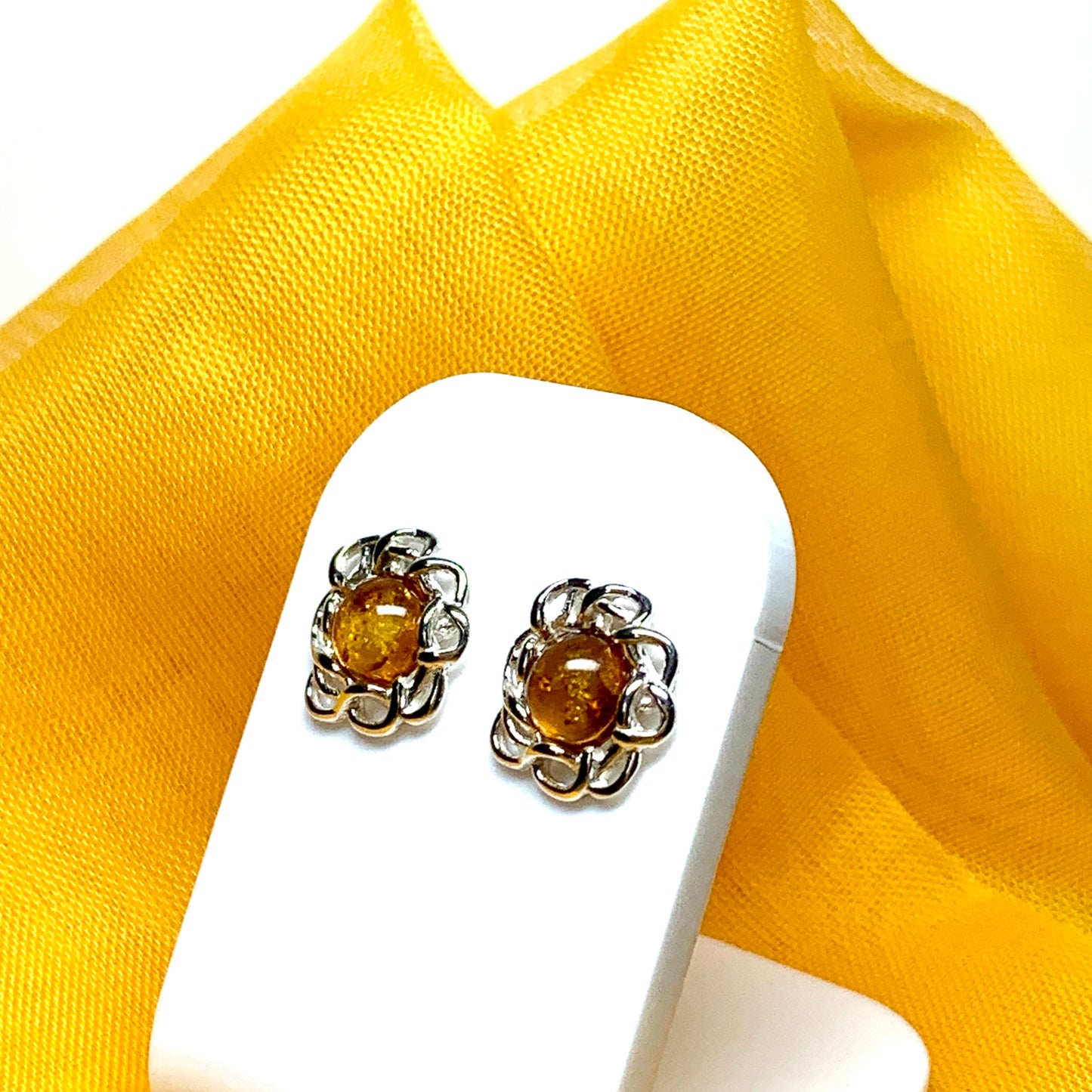 Round sterling silver real amber stud earrings