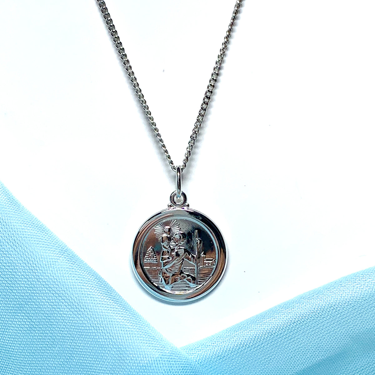 Solid round sterling silver St. Christopher necklace double sided pendant