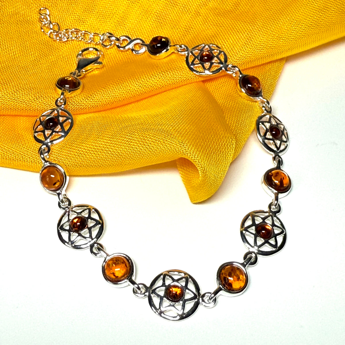 Round cut sterling silver real amber bracelet