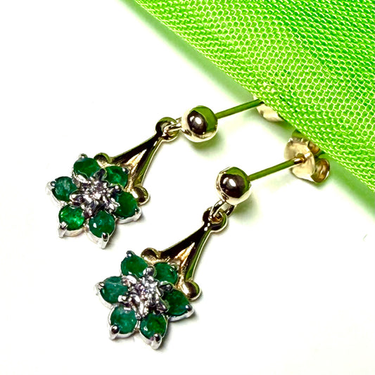 Round yellow gold green emerald and diamond drop earrings