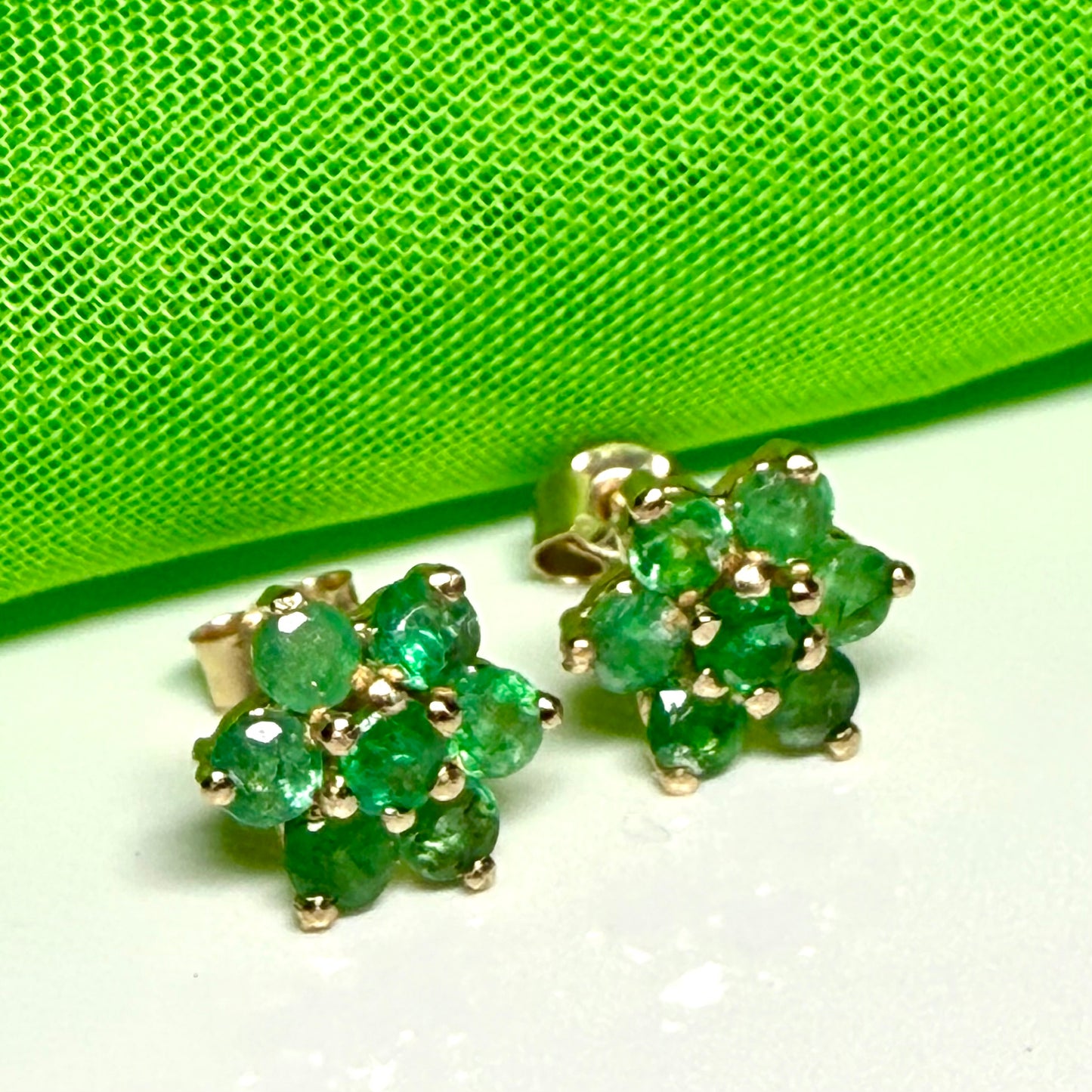 Round yellow gold green emerald daisy cluster stud earrings