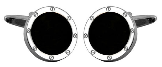 Round shaped cufflinks black onyx silver plated