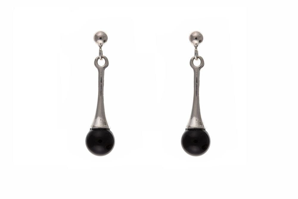 Round black sterling silver real onyx drop earrings