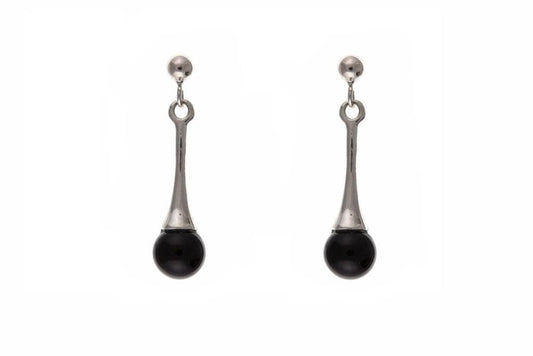 Round black sterling silver real onyx drop earrings