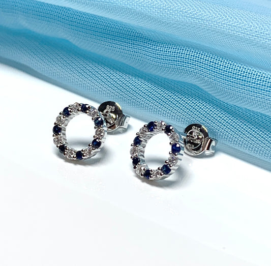 Round blue real sapphire and cubic zirconia sterling silver stud earrings