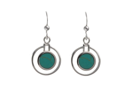 Round blue sterling silver turquoise drop earrings double circle