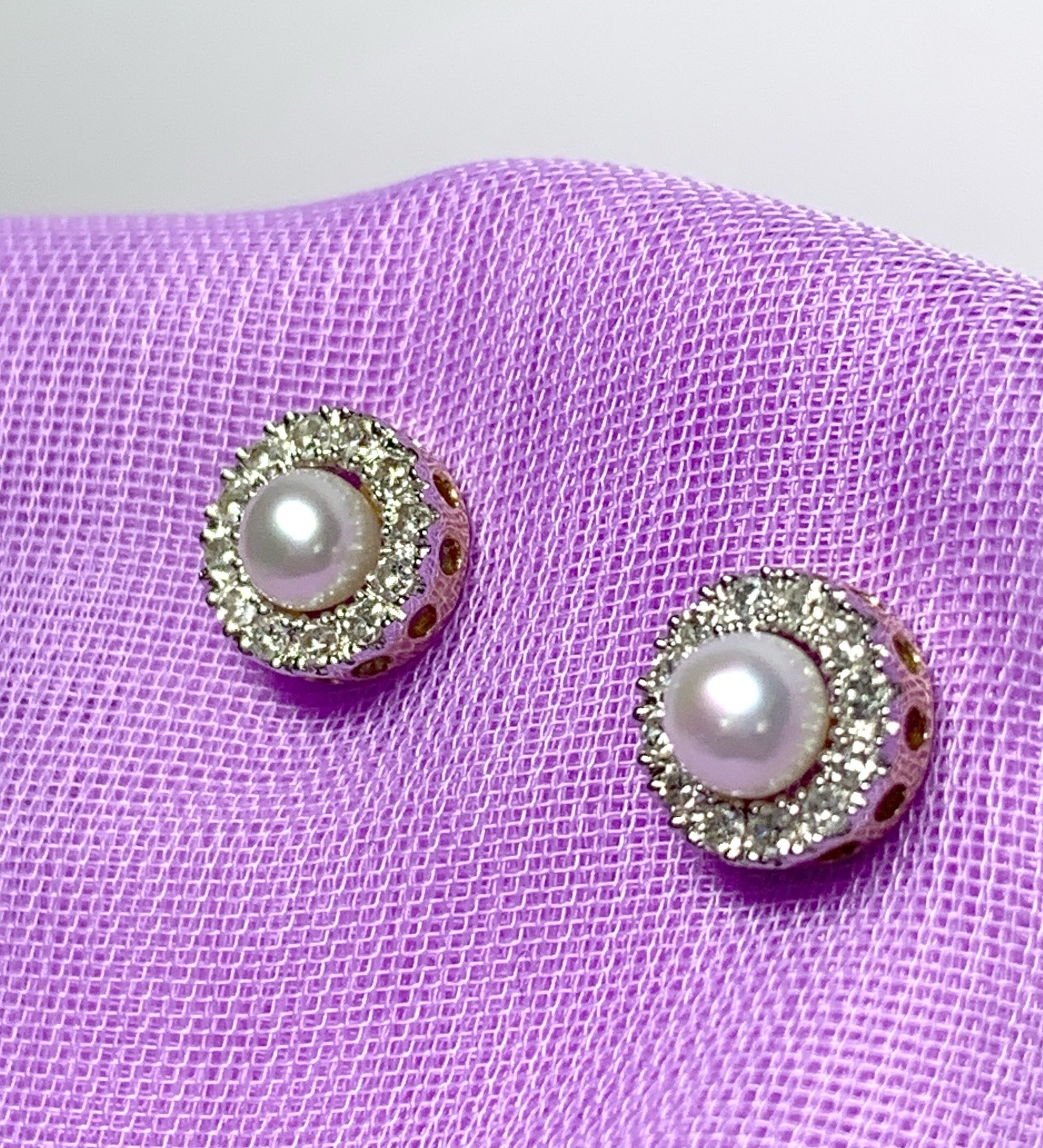 Round cultured pearl diamond yellow gold stud cluster earrings