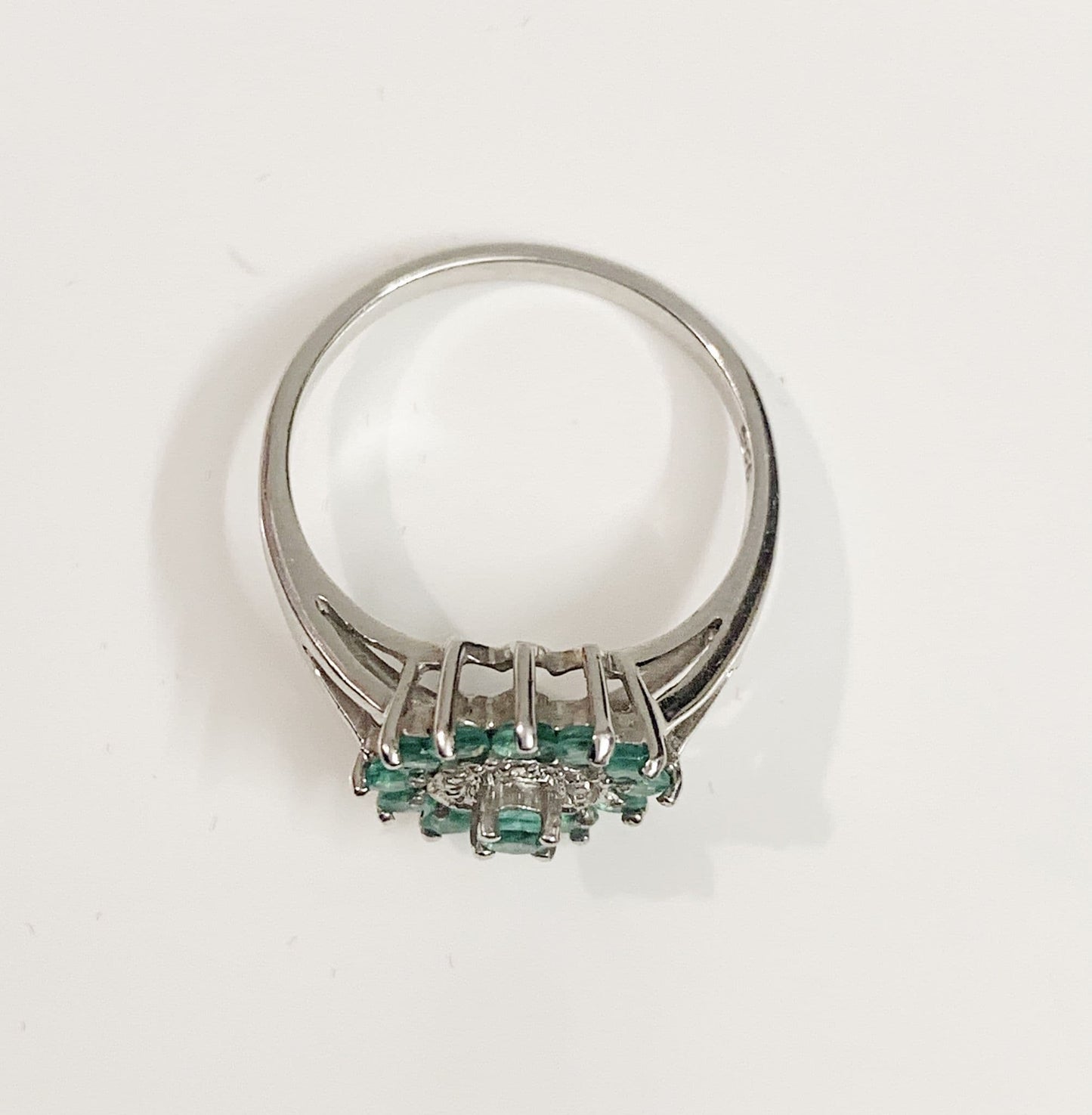 Round Emerald And Diamond Sterling Silver Green Cluster Ring