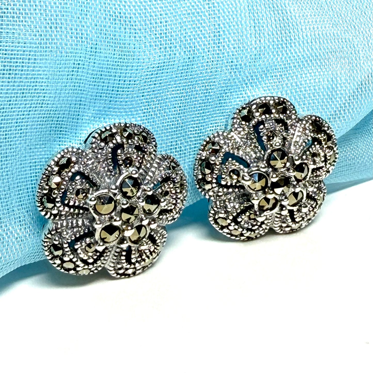 Round clip on earrings with marcasite sterling silver