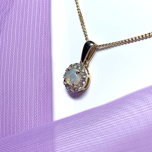 Round opal and diamond yellow gold cluster necklace