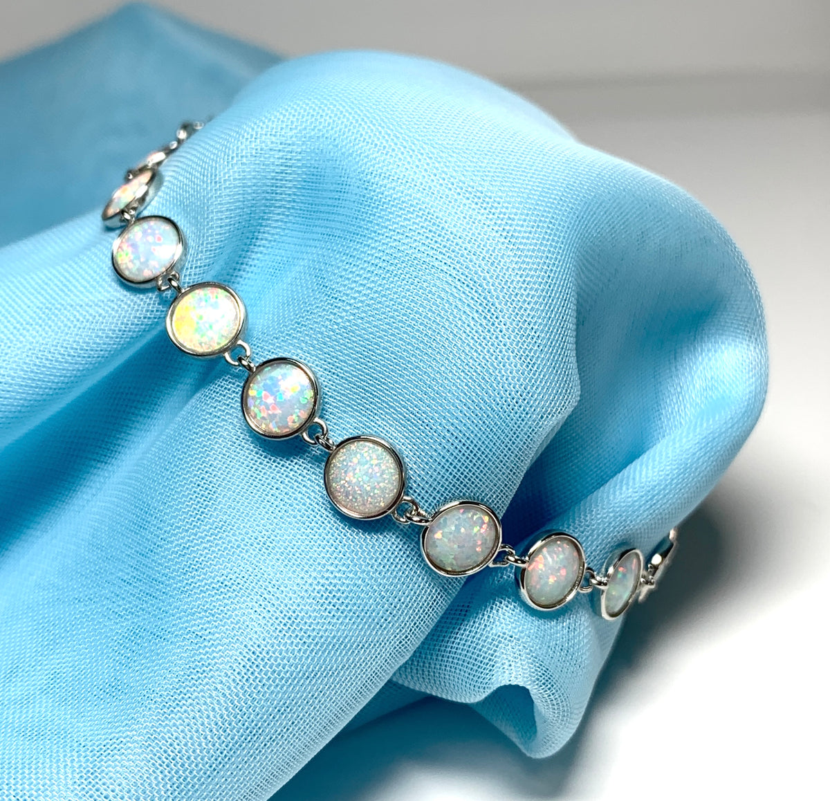 Round opal sterling silver bracelet