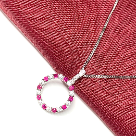 Round red ruby and cubic zirconia sterling silver necklace pendent