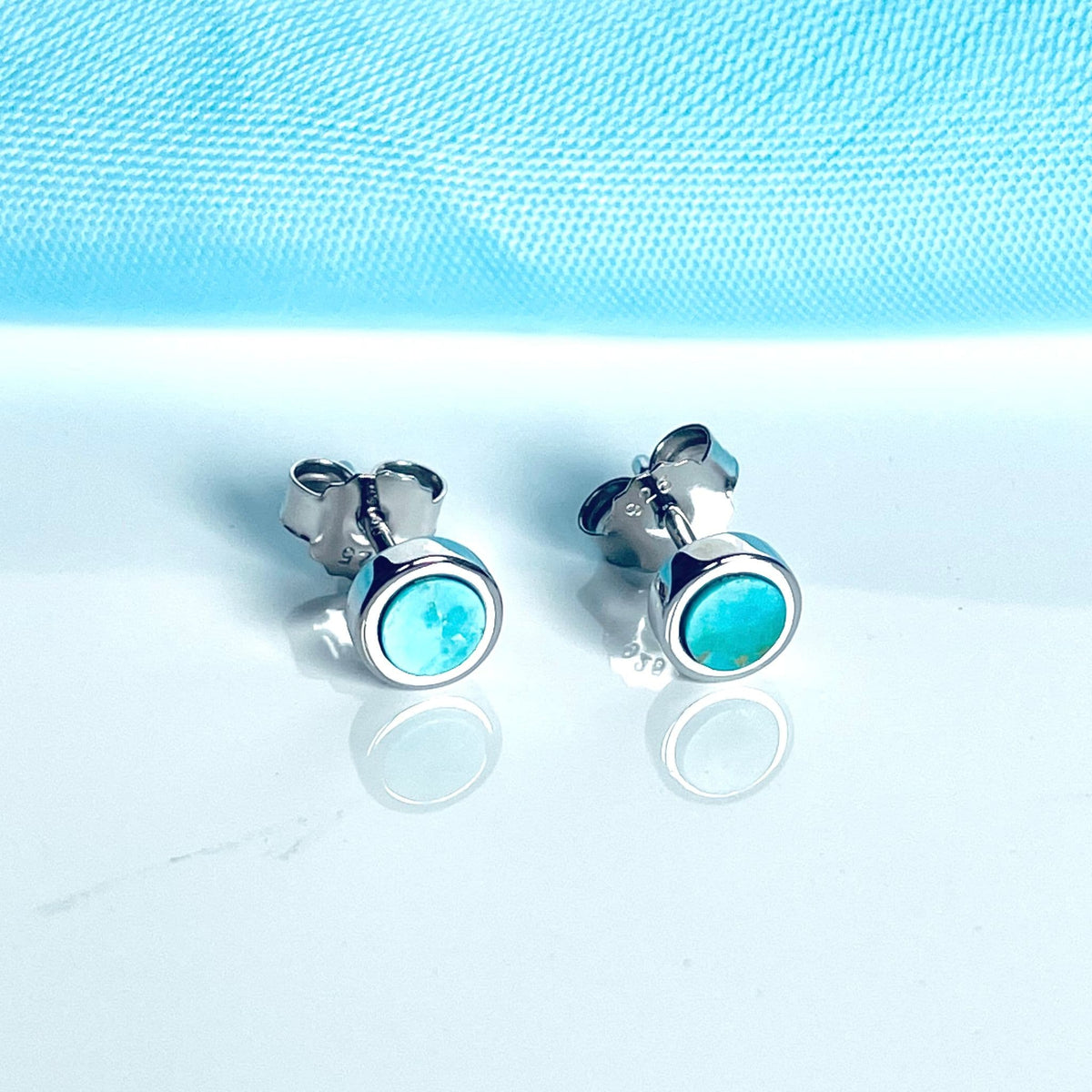 Turquoise blue green small round sterling silver earrings