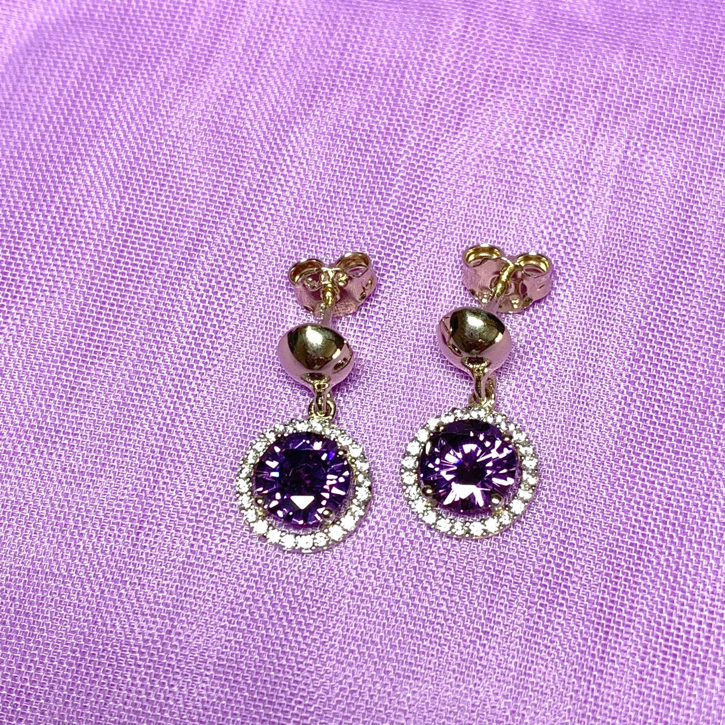 Round yellow gold and amethyst and cubic zirconia drop earrings