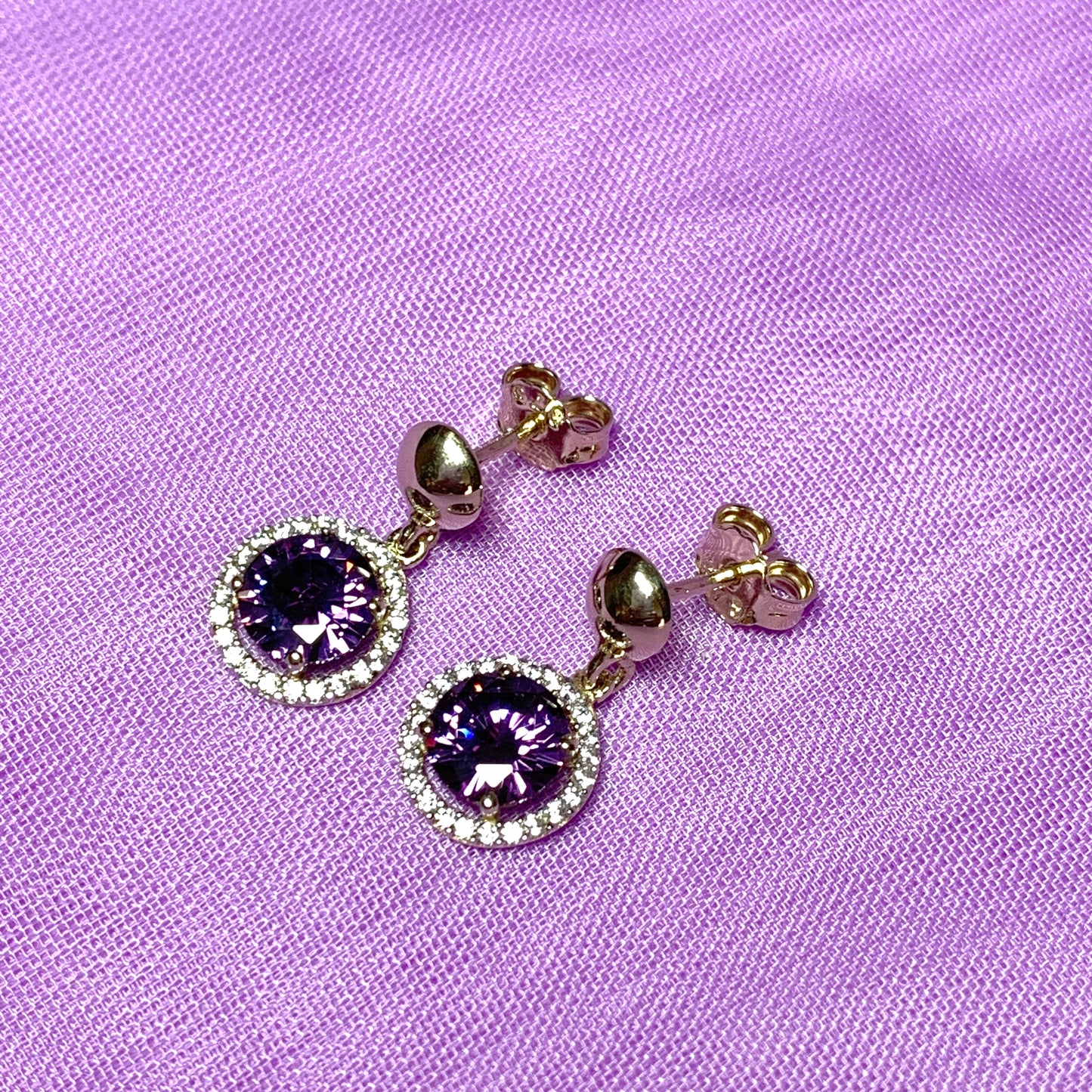 Round yellow gold and amethyst and cubic zirconia drop earrings