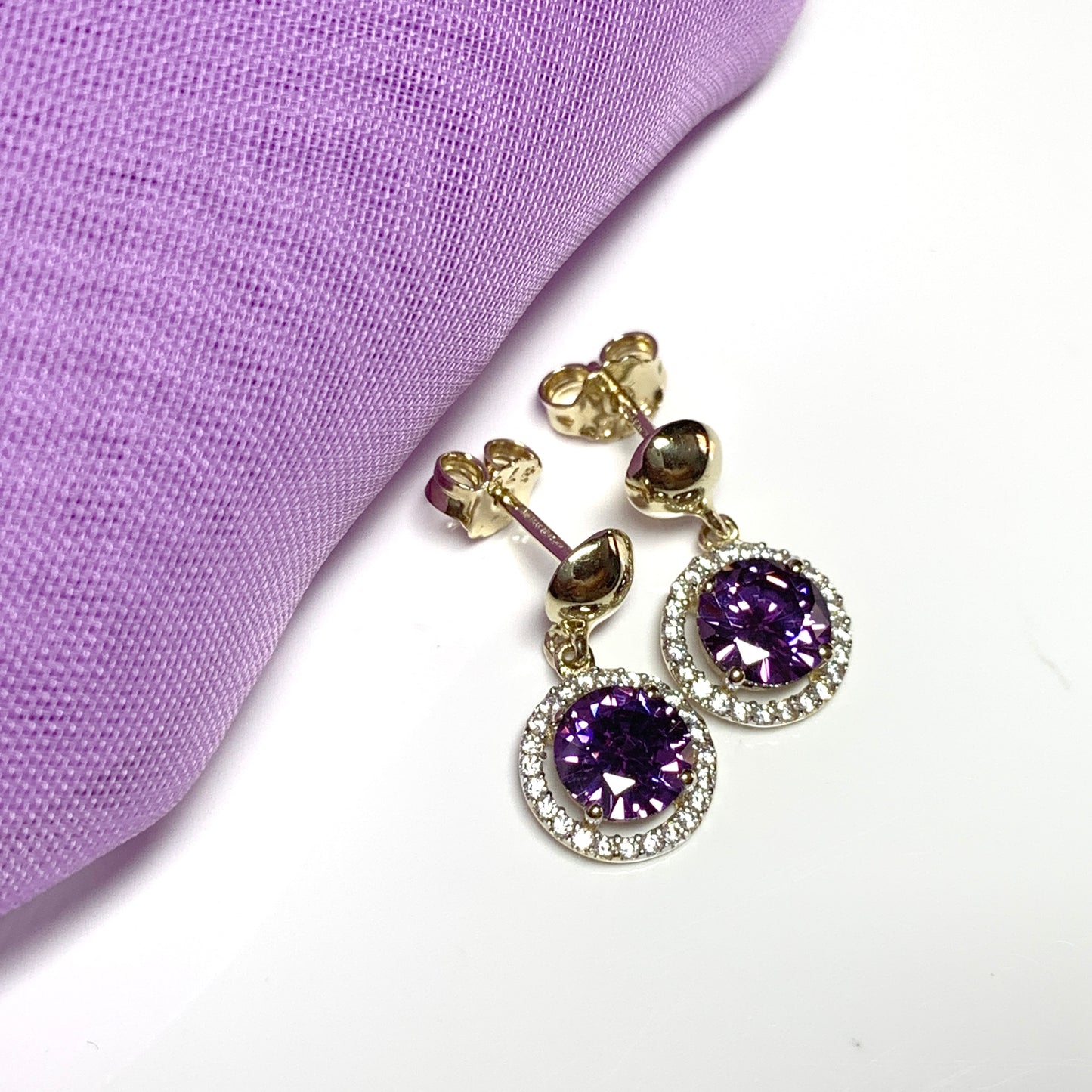 Round yellow gold and amethyst and cubic zirconia drop earrings