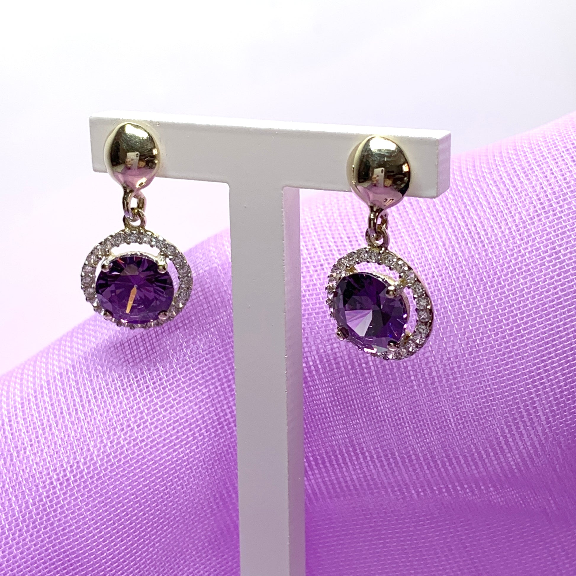 Round yellow gold and amethyst and cubic zirconia drop earrings