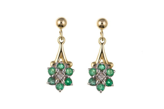 Round yellow gold green emerald and diamond drop earrings