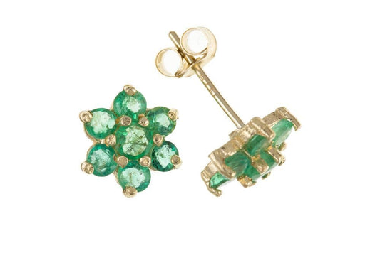 Round yellow gold green emerald daisy cluster stud earrings