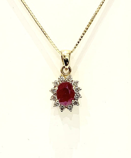 Real deep red ruby and diamond cluster yellow gold necklace