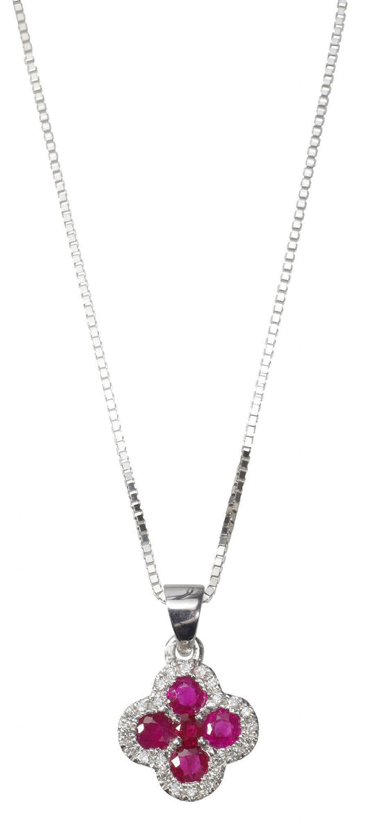 Ruby And Diamond White Gold Cluster Necklace Pendant