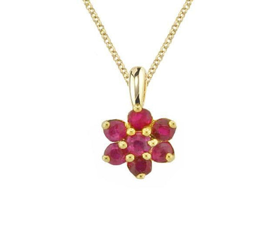 Real Red Ruby Yellow Gold Cluster Necklace
