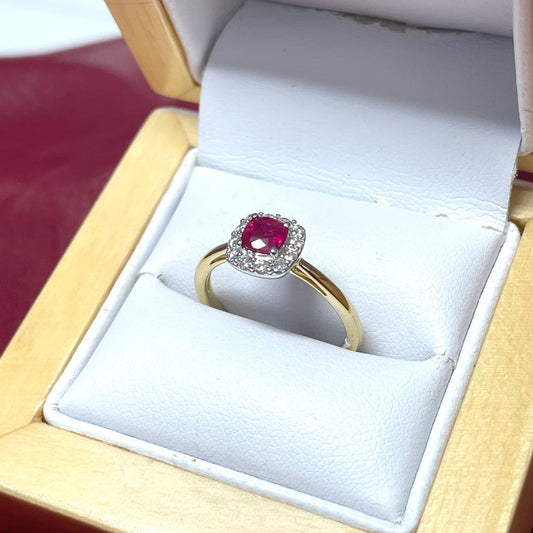 Ruby and Diamond Cushion Yellow Gold Cluster Ring