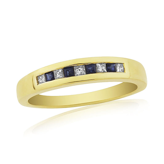 Sapphire And Diamond Channel Set Square Princess Cut Yellow Gold Eternity Ring