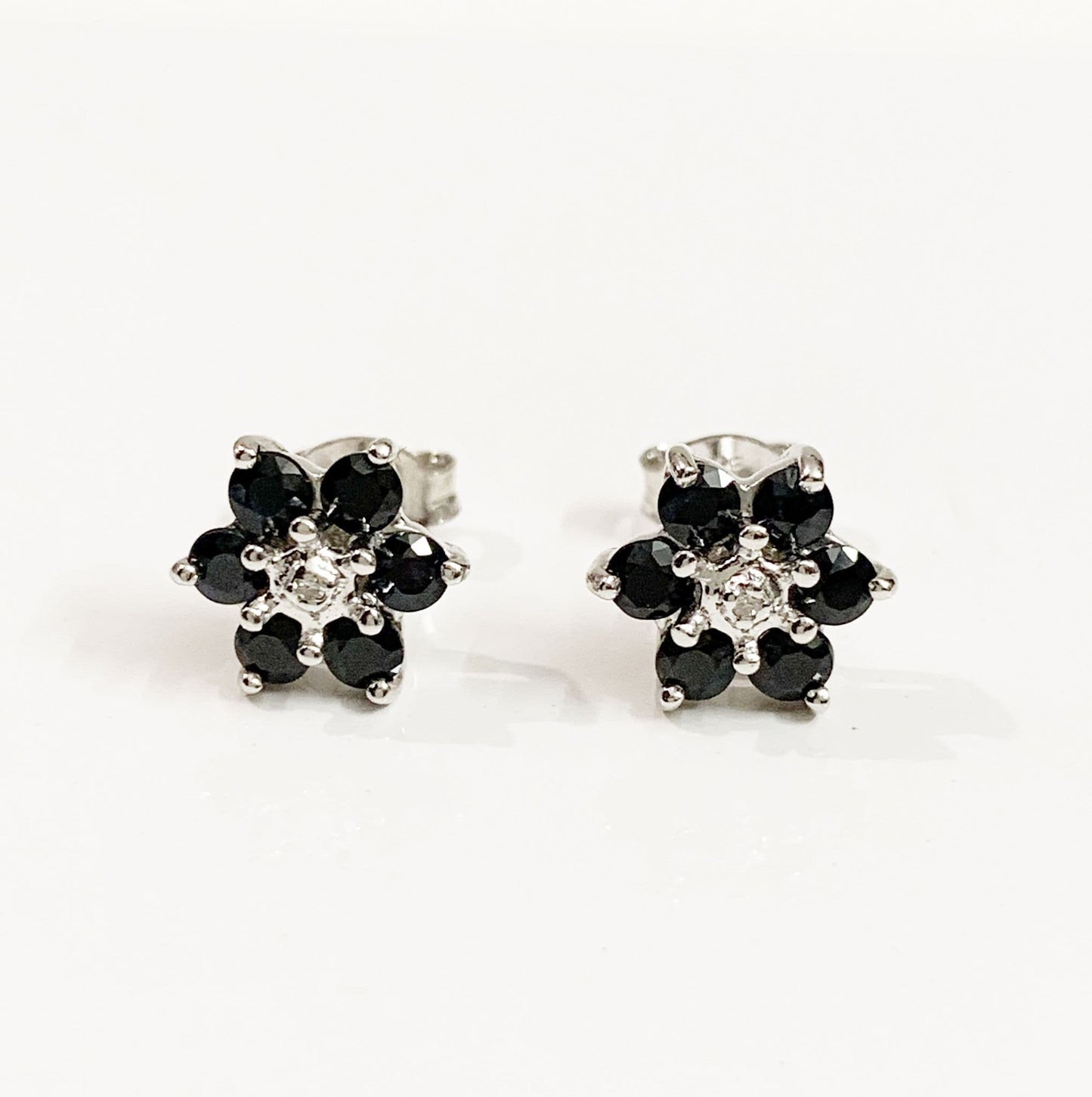 Round Sapphire And Diamond Sterling Silver Dark Blue Cluster Earrings