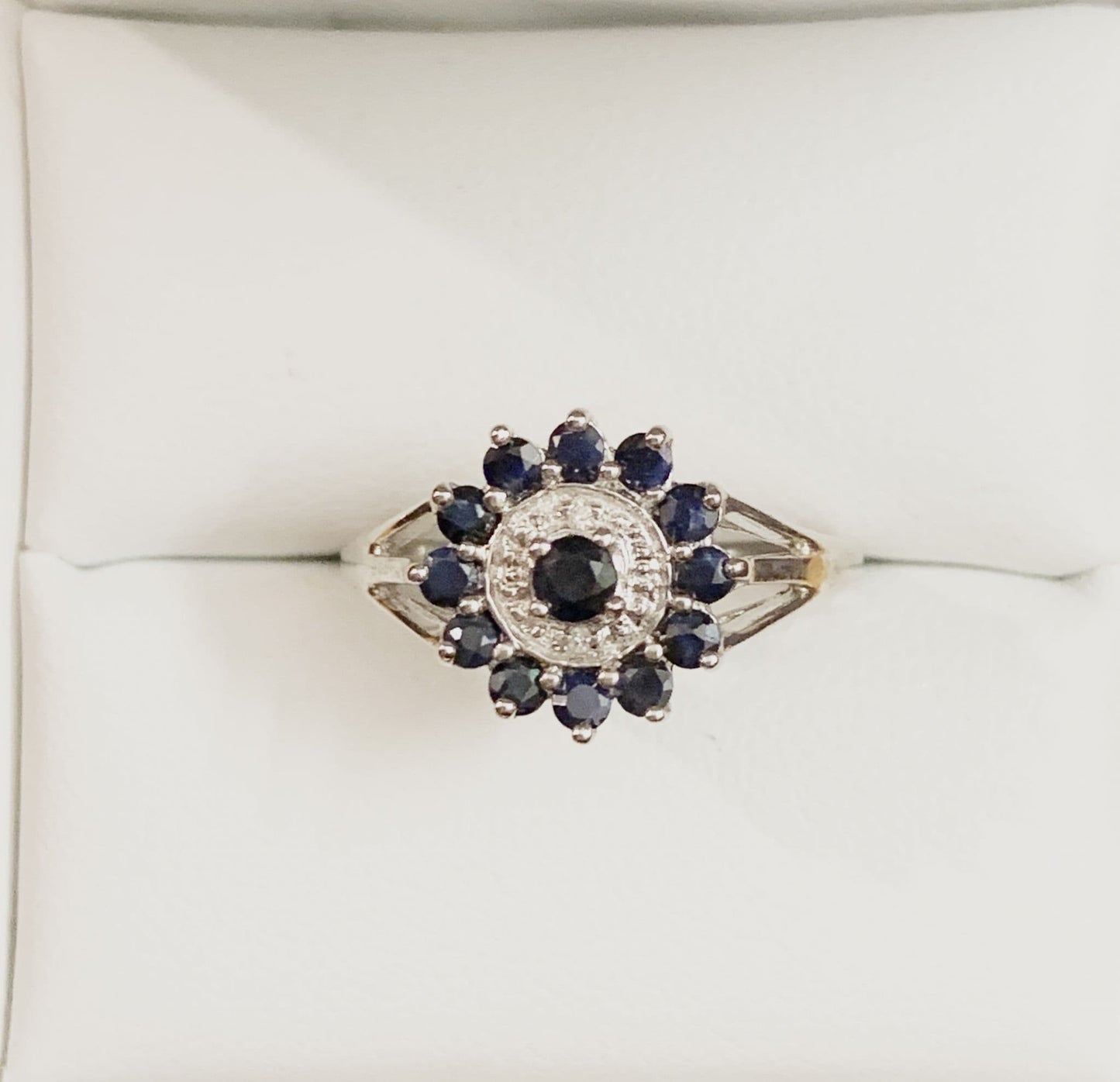 Round Sapphire And Diamond Sterling Silver Dark Blue Cluster Ring