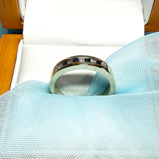 Sapphire And Diamond Channel Set Square Princess Cut Yellow Gold Eternity Ring