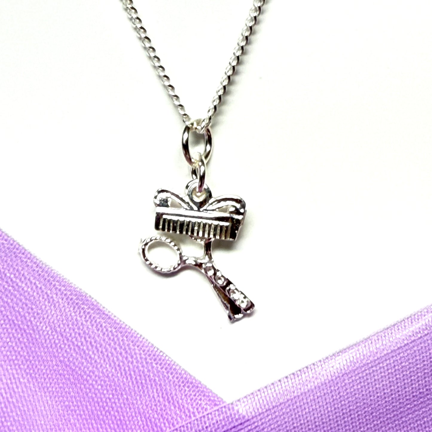 Scissors and comb solid necklace sterling silver with chain included