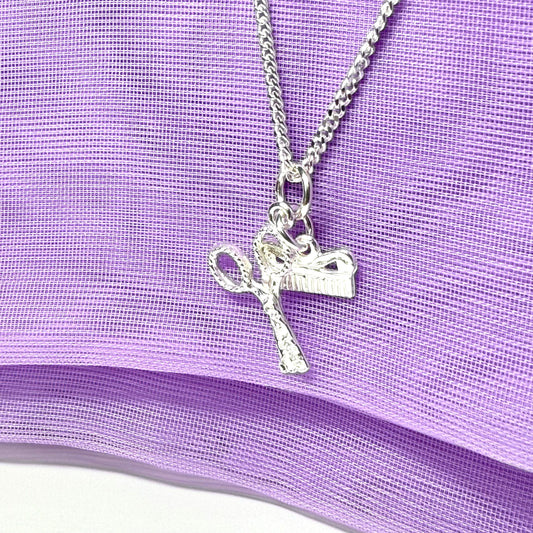 Scissors and comb solid necklace sterling silver