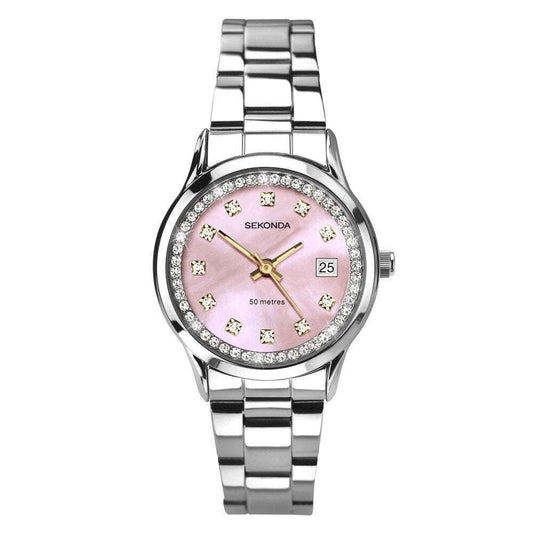 40475 Sekonda Round Pink Mother Of Pearl Crystal Set Ladies Stainless Steel Watch