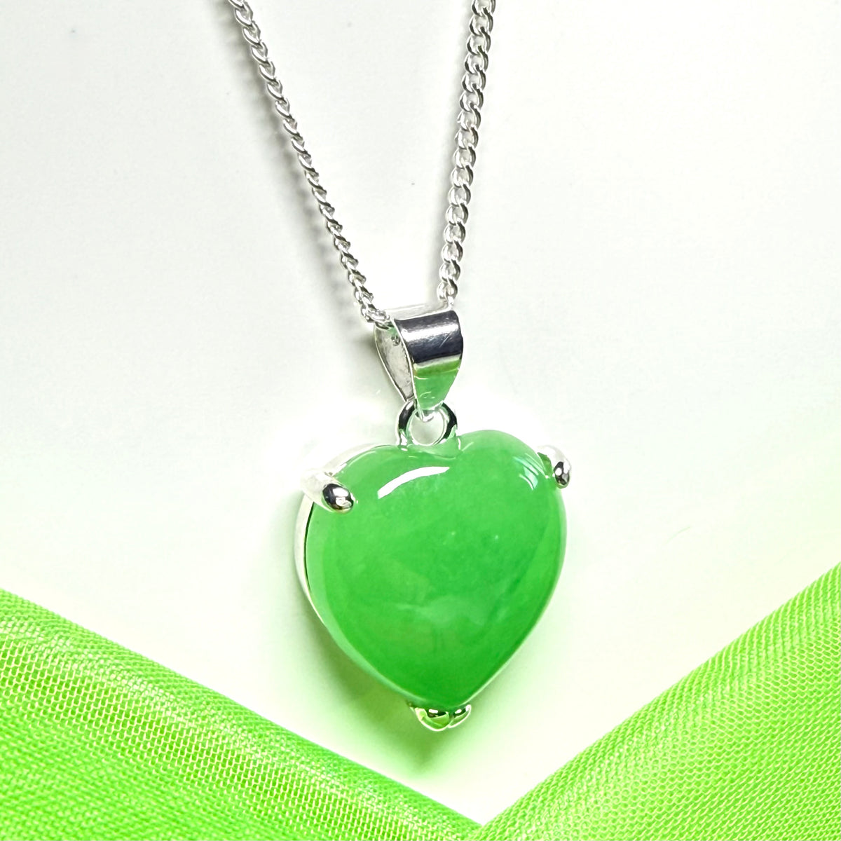 Shimmering real green jade heart shaped necklace with chain