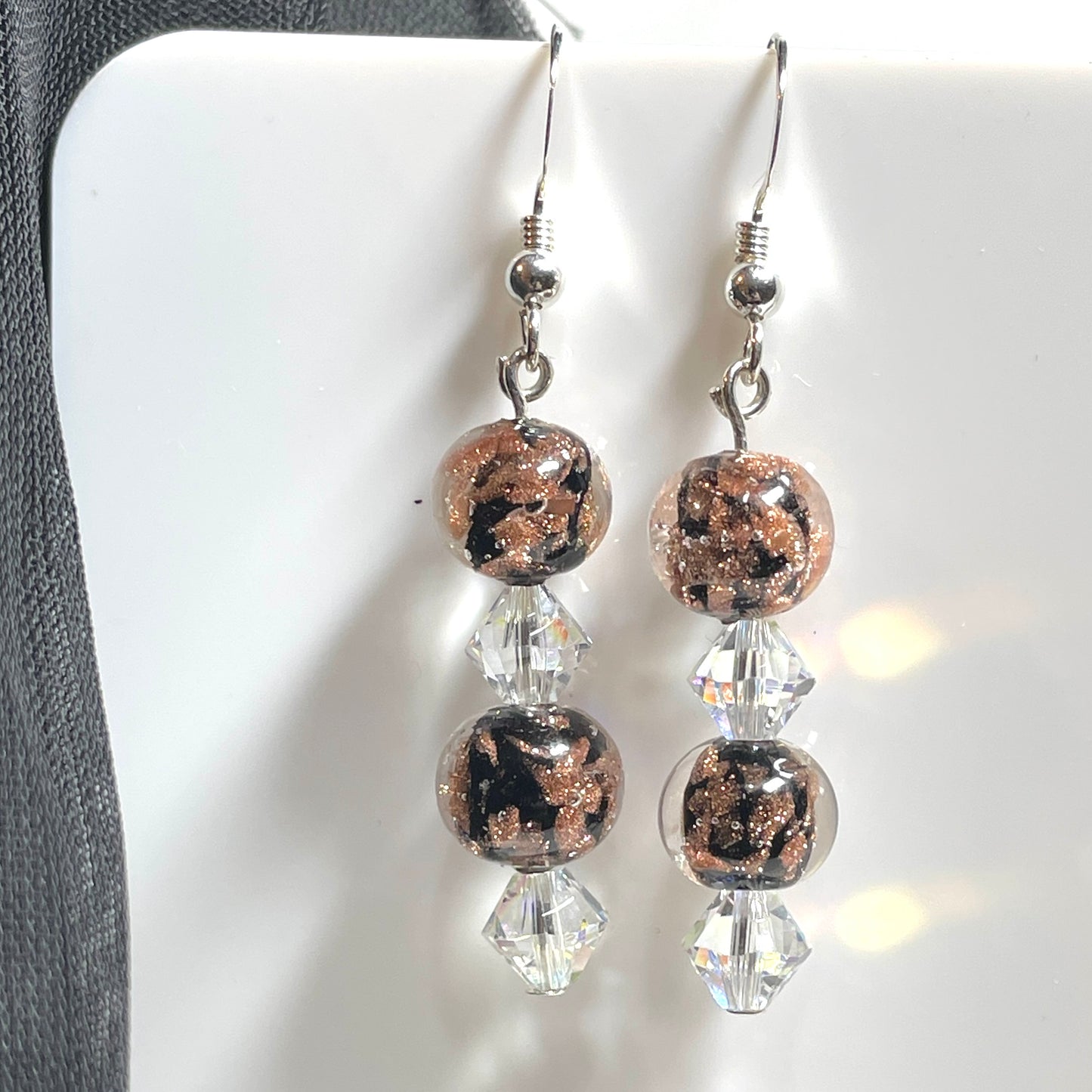 Shimmering black real Murano glass drop earrings with clear crystals