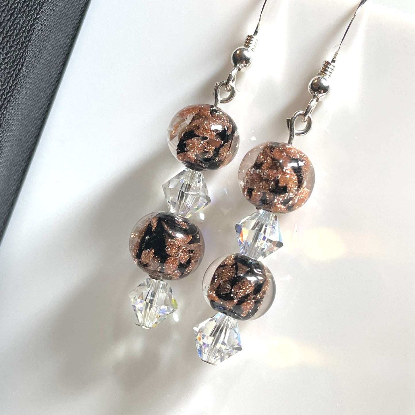 Shimmering black real Murano glass drop earrings with clear crystals