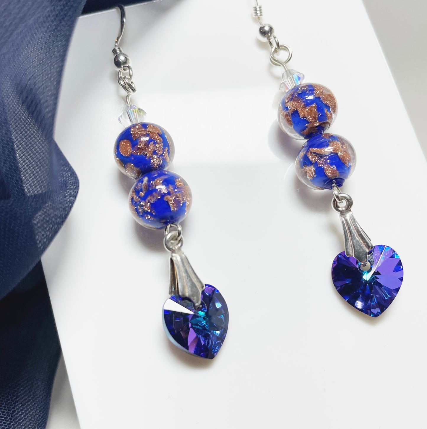 Blue Murano glass drop earrings made with 2 beads and crystal hearts