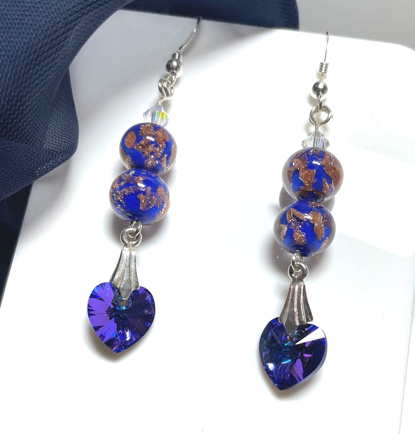 Blue Murano glass drop earrings made with 2 beads and crystal hearts