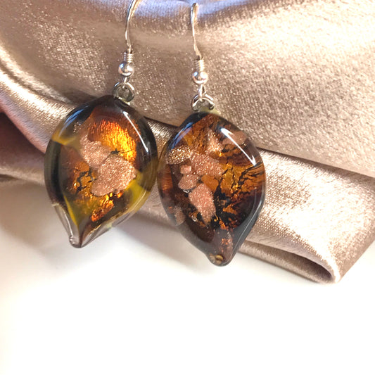 Shimmering real Murano glass leaf shaped drop earrings