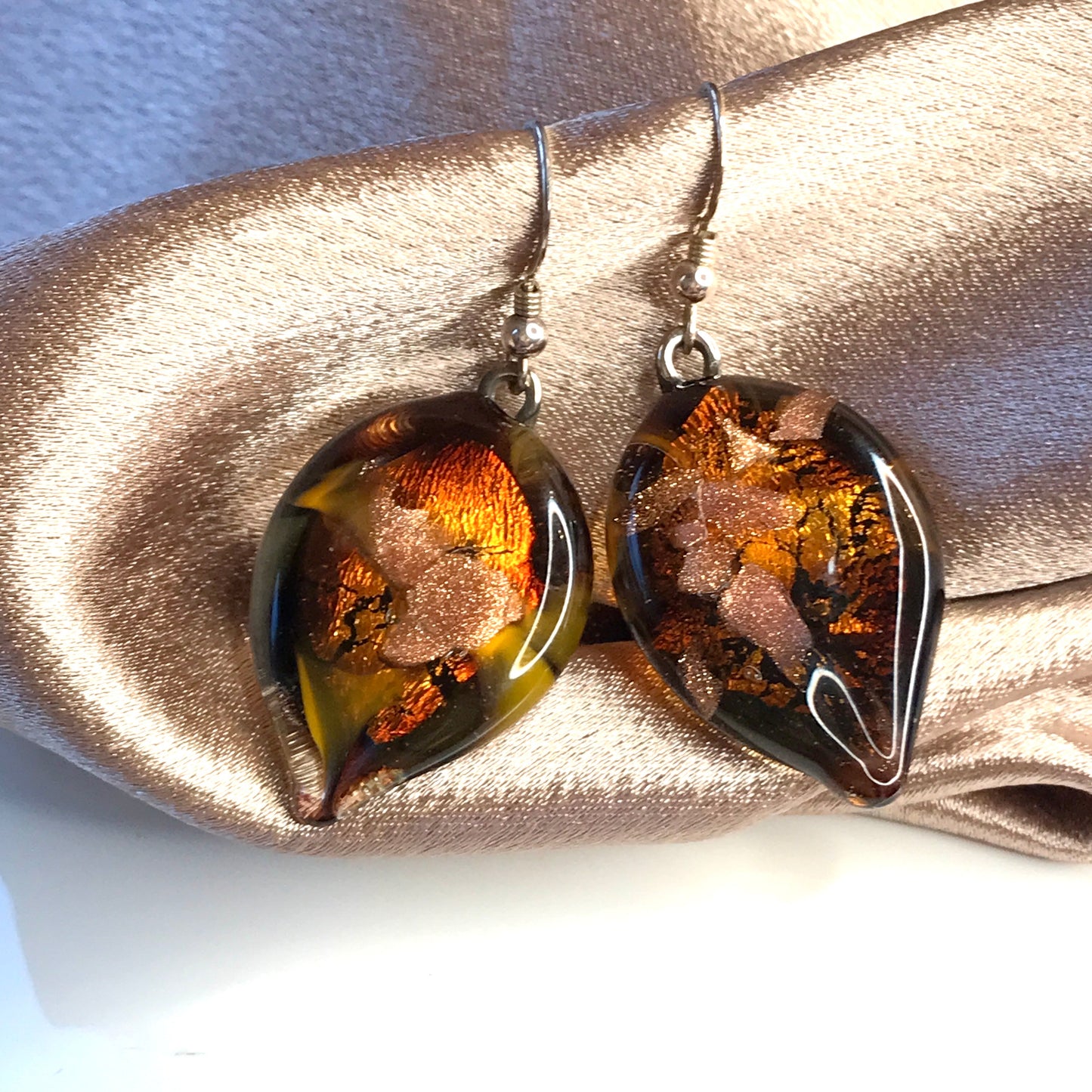 Shimmering real Murano glass leaf shaped drop earrings Shimmering real Murano glass leaf shaped drop earrings