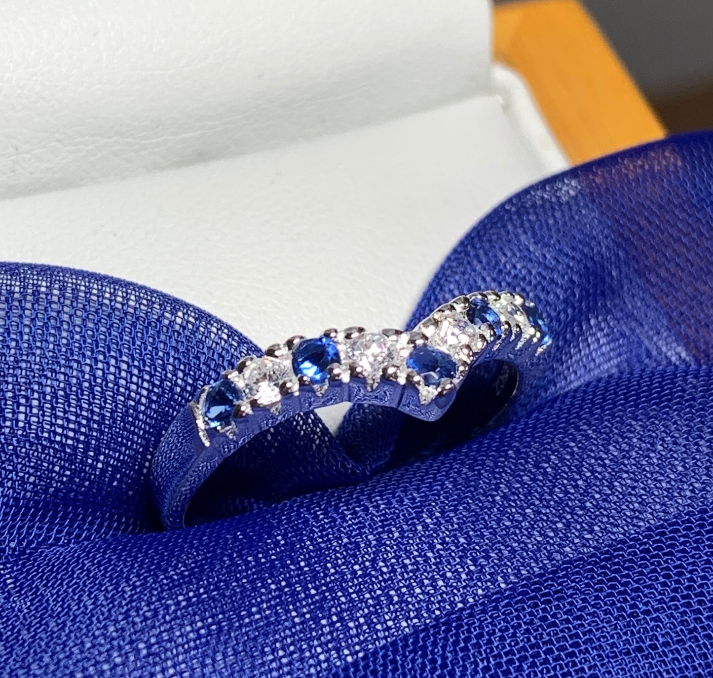 Sterling Silver Blue Sapphire And Cubic Zirconia Wishbone Ring